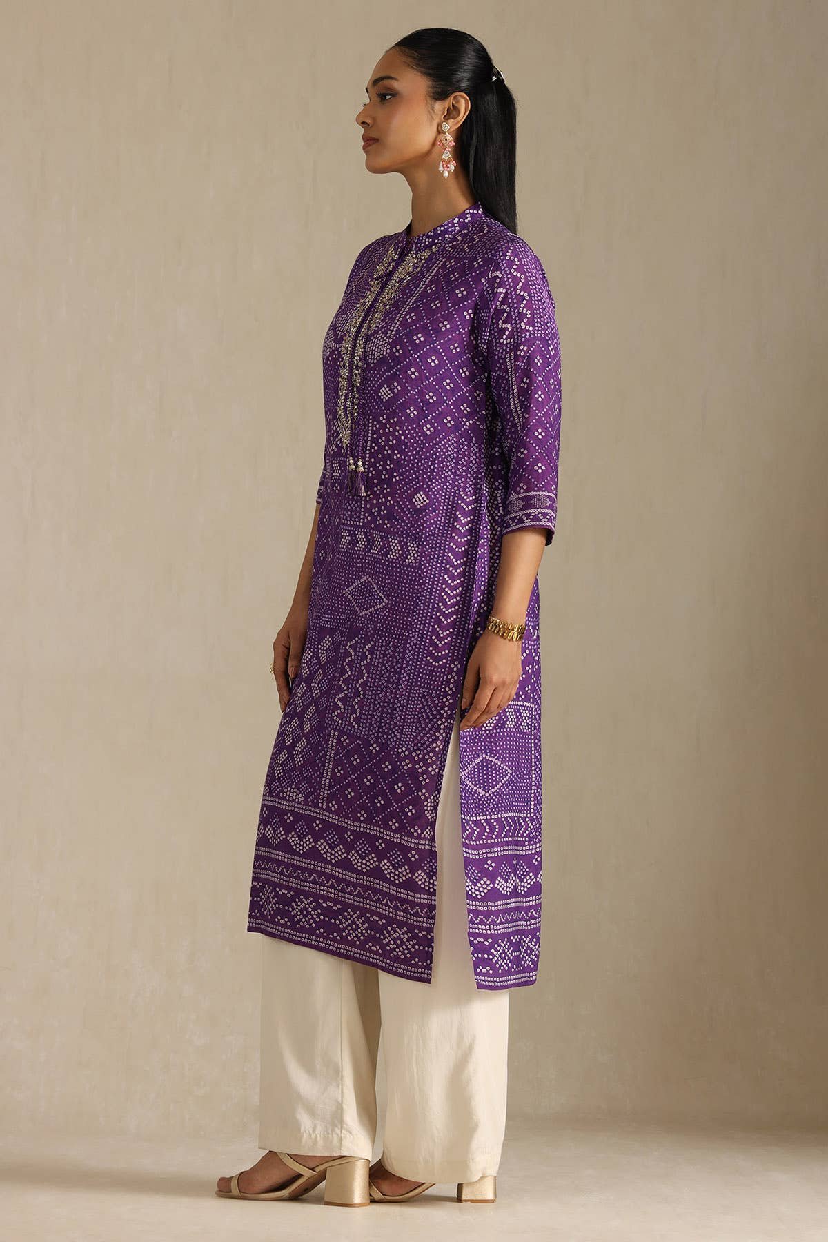 Purple Muslin Bandhani Printed Kurta With Zardosi - Image 5