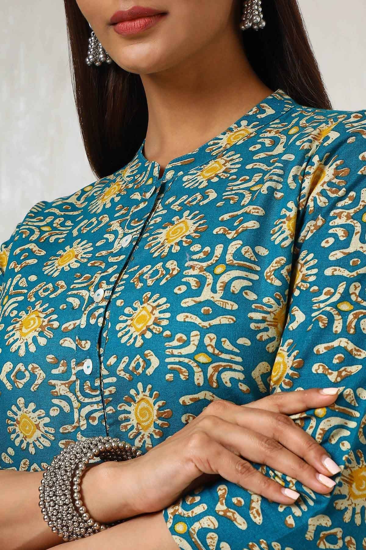 Teal Cotton Blend Abstract Print Kurta - Image 4