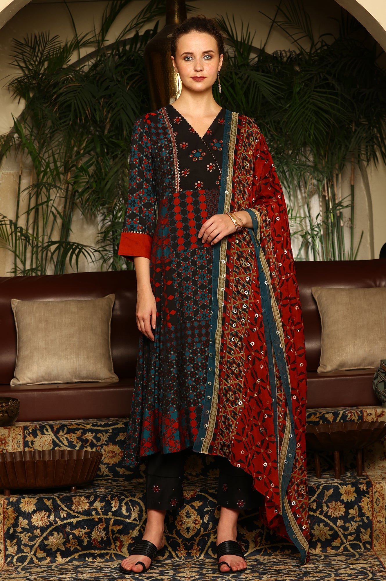 Black Multi-Coloured Patch Printed Metallic Embroidered A-Line Kurta, Pants And Dupatta Set - Image 5