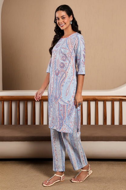 Light Blue Paisley Printed kurta Co-Ord Set - Image 3