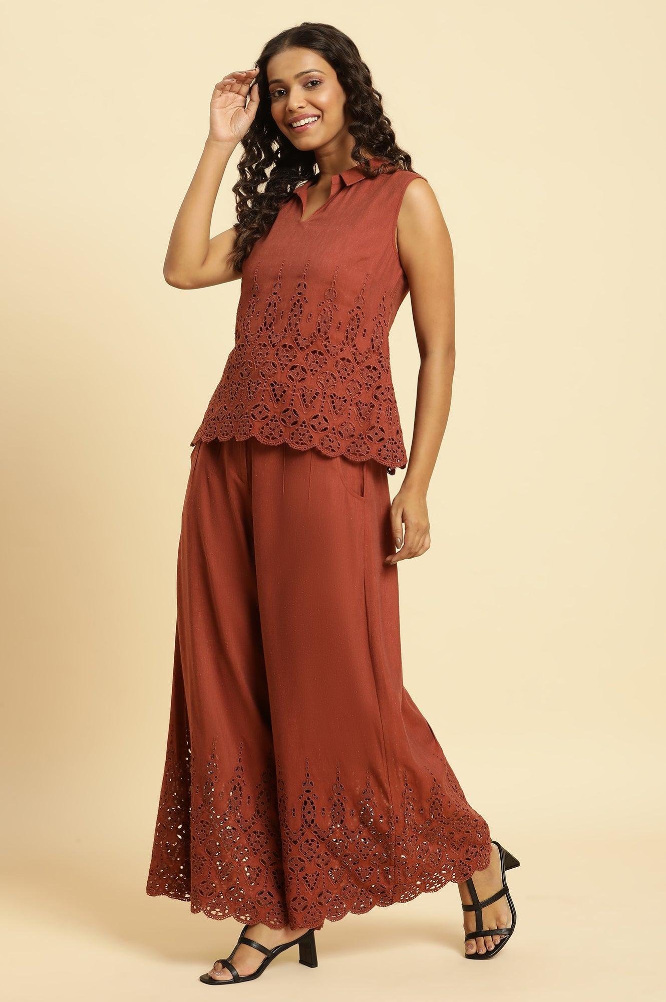Dark Red Cotton Schiffli Top And Pants Co-Ord Set - Image 6
