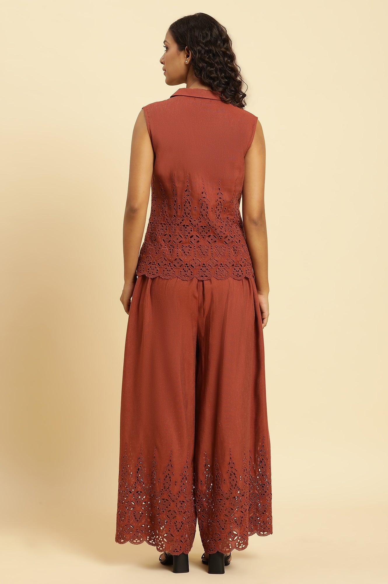 Dark Red Cotton Schiffli Top And Pants Co-Ord Set - Image 5