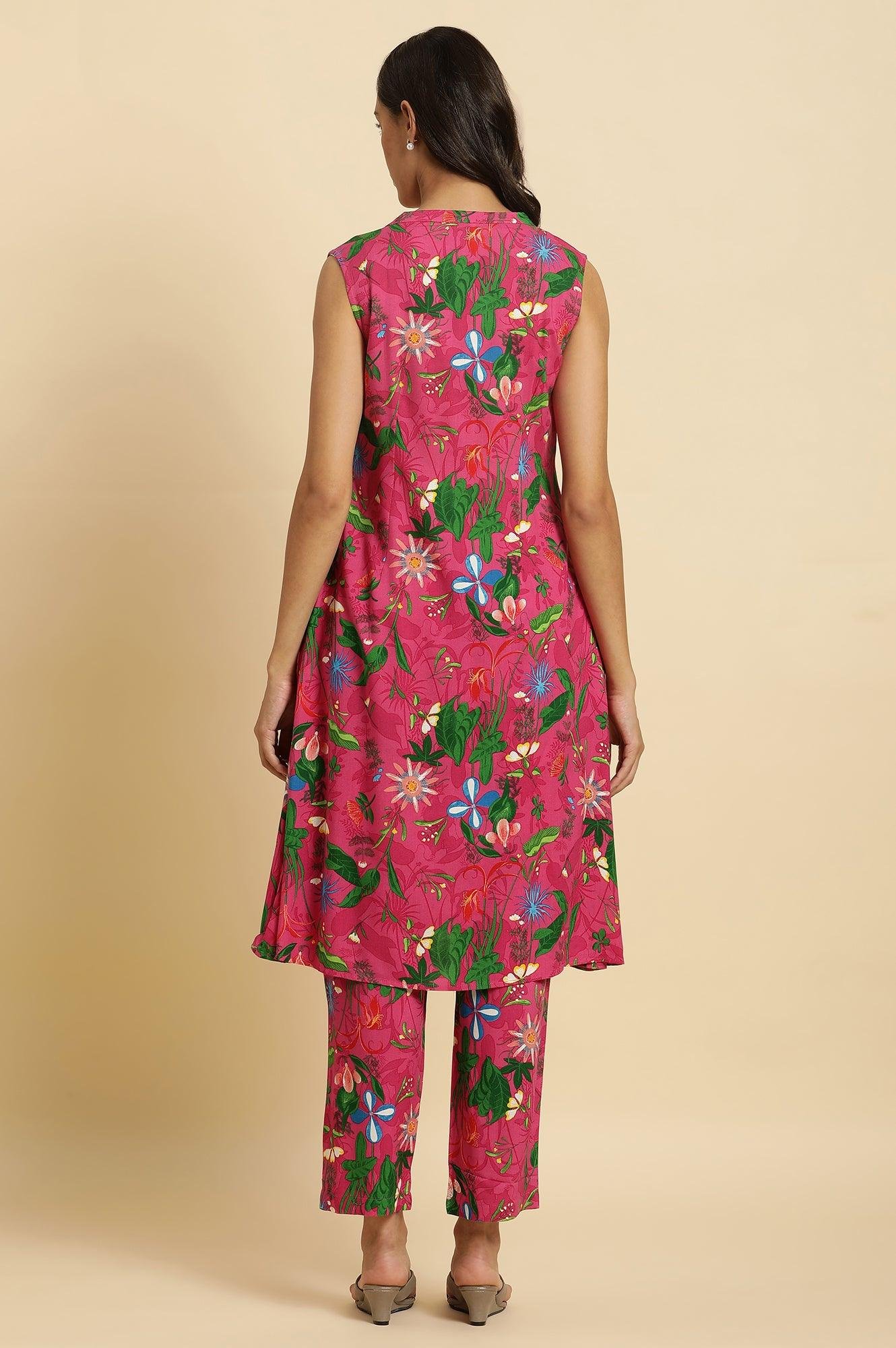 Pink Floral Printed Sleeveless Kurta & Pants Co-Ord Set - Image 7