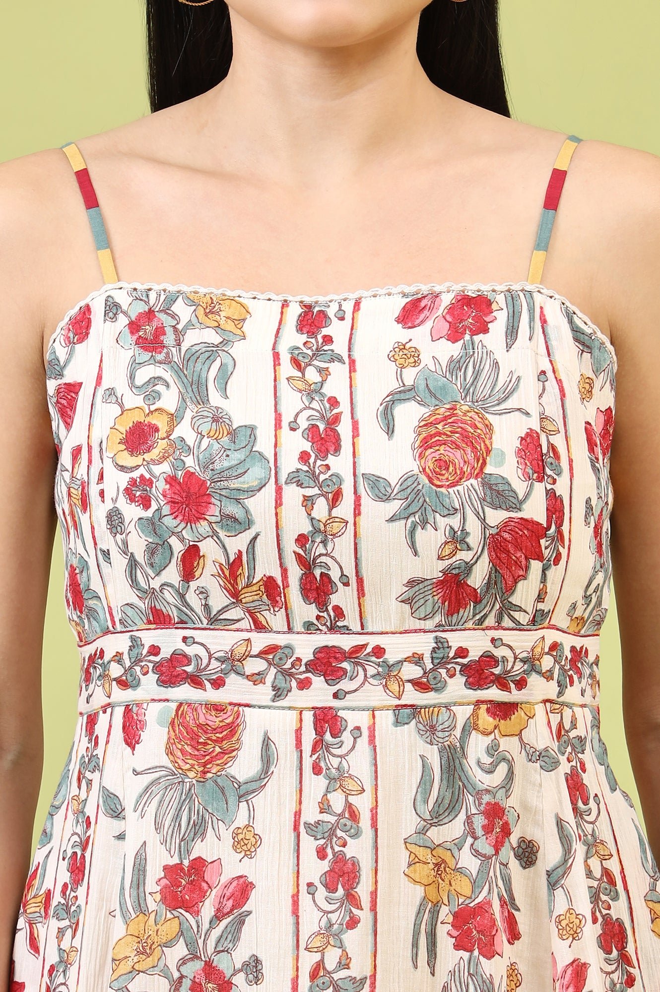 Off-White Vibrant Floral Printed Pure Cotton Flared Spaghetti Dress - Image 9