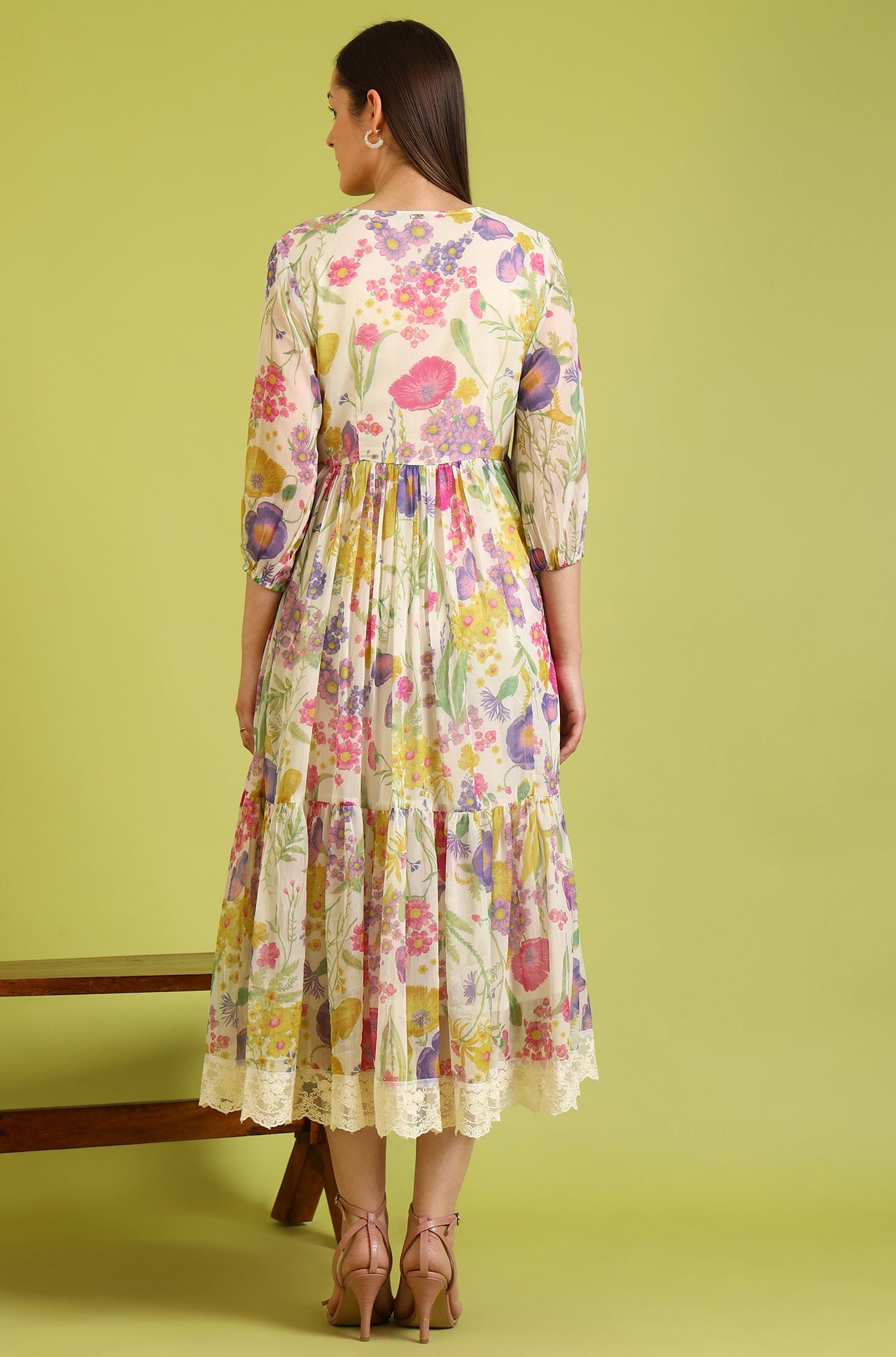 Floral Printed Flared Polyester Dress - Image 7