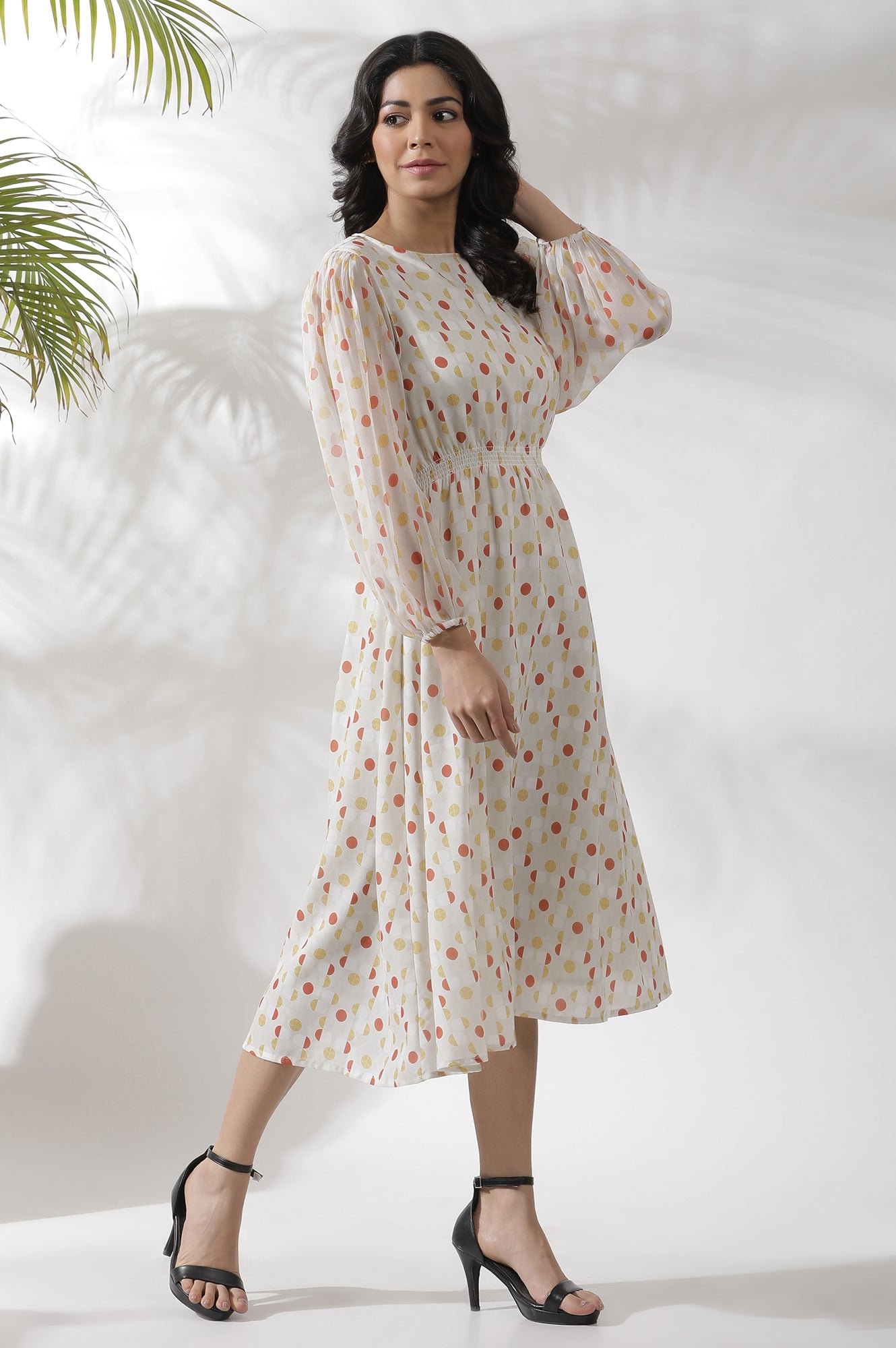 White Polka Dot Printed Gathered Western Dress - Image 7