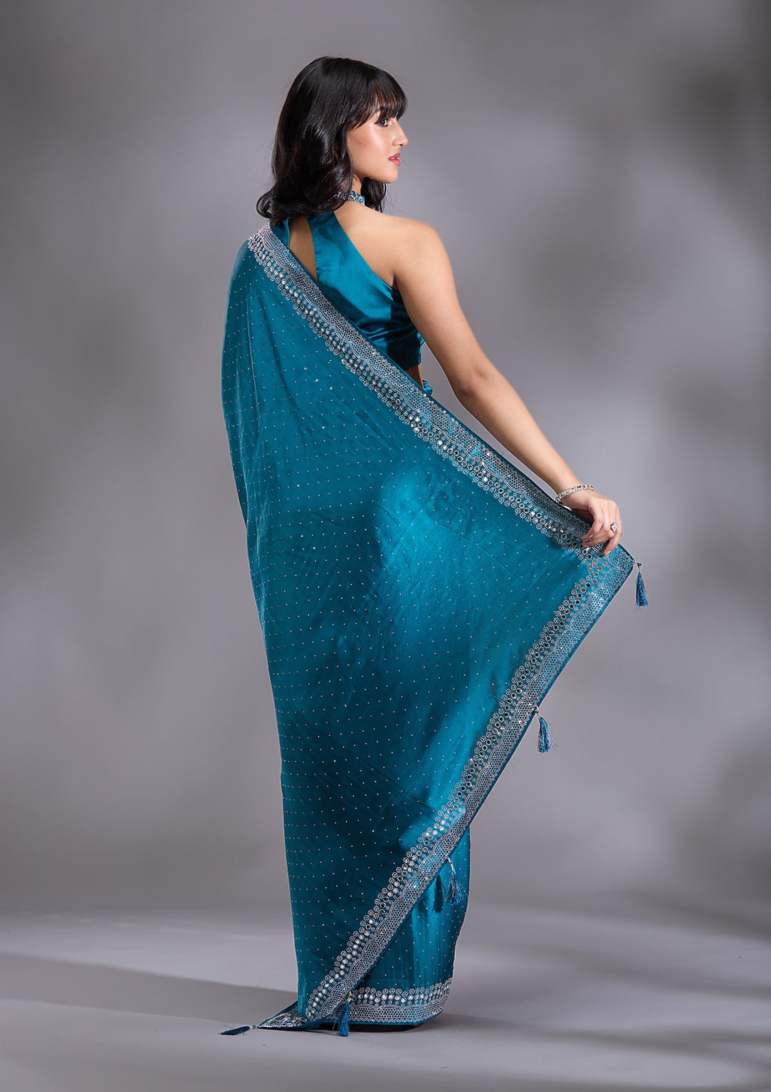 Peacock Blue Silver Stonework Satin Saree - Image 6