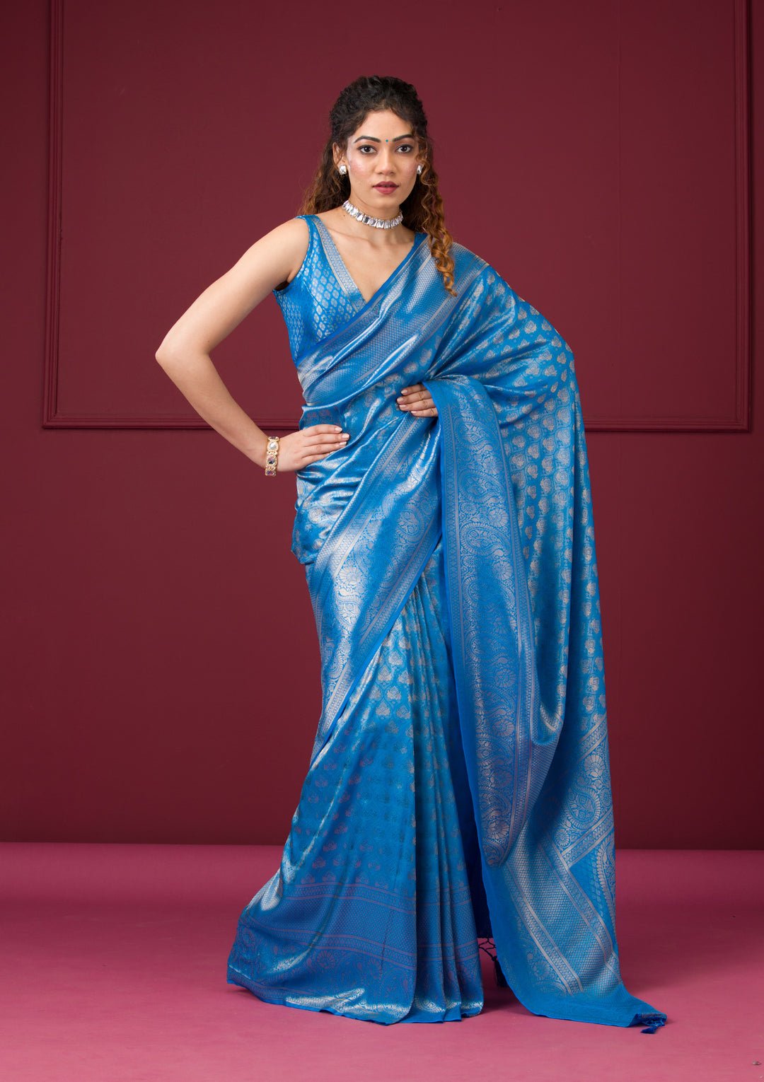 Turquoise Blue Zariwork Art Silk Saree - Image 6