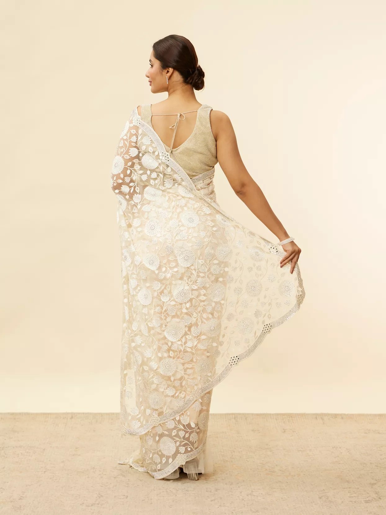 Ivory Cream Bel Buti Patterned Mirror and Stone Work Saree - Image 2